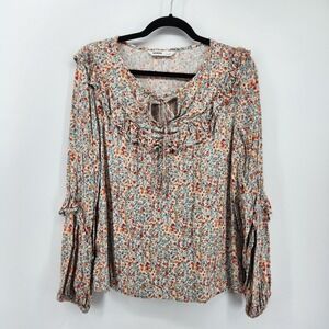 Sonoma Women's L Floral Print‎ Ruffle Tie Neck Long Sleeve Blouse Top